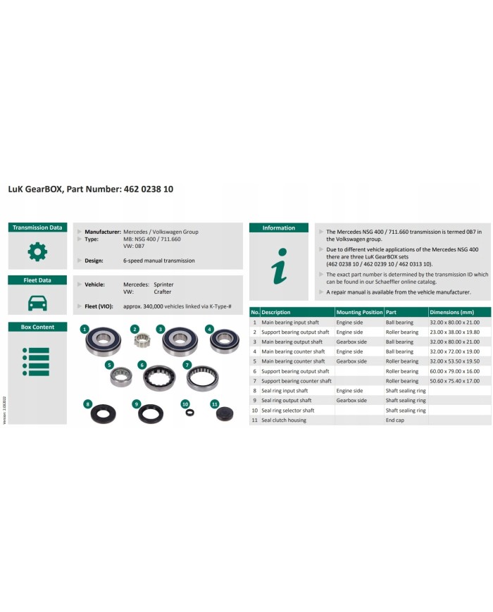 Łożyska skrzyni biegów Mercedes Sprinter Vito 462023810